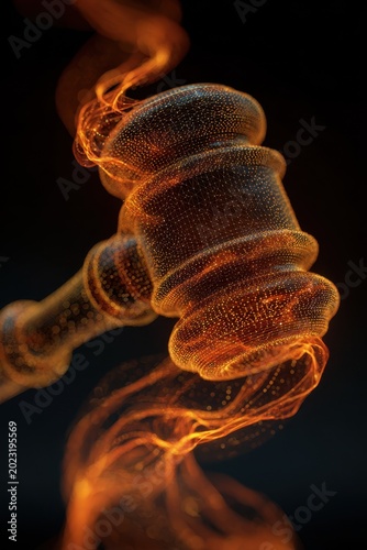 Abstract digital gavel made of glowing orange light particles and wireframe mesh representing law and justice