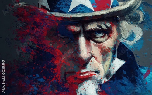 Uncle Sam abstract portrait with red blue paint splash