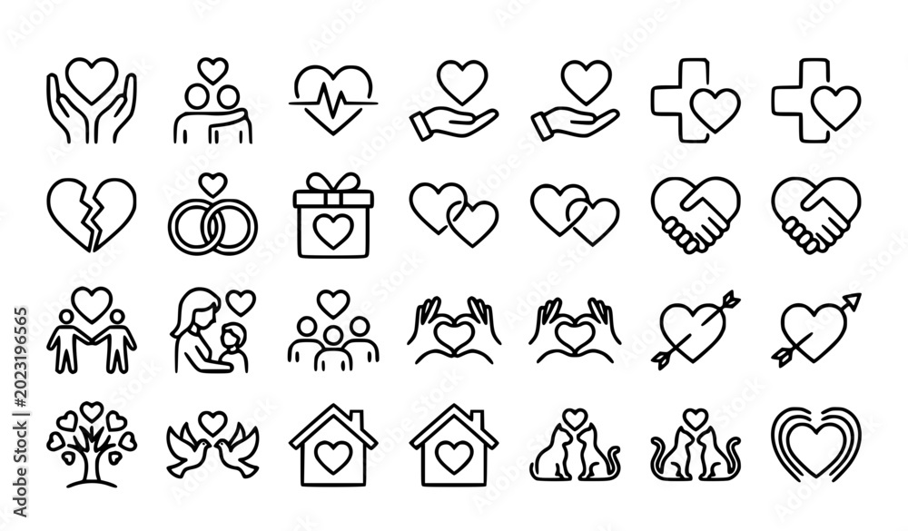 Fototapeta premium Heart Care and Love Line Icons Set Editable Stroke Minimal Outline Romance Charity Symbols Vector