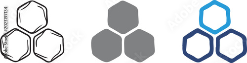 Handdrawn organic honeycomb icon set with sketch line art, solid shape, and blue color variations. Rough hexagon cells for natural food and biology design.