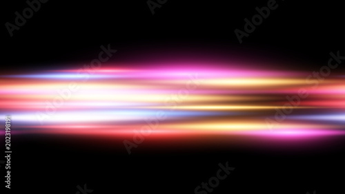 Horizontal seamless vector pattern with multicolored neon light streaks on black background Futuristic abstract horizontal lines overlay for endless website banners, gaming backgrounds, speed concepts