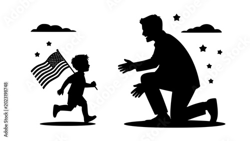 Foto Silhouette of father and child with american flag coming home silhouette patriot
