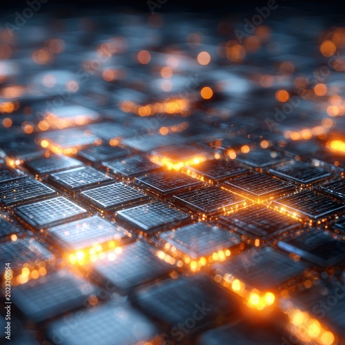 Futuristic microchip array with glowing orange light and soft bokeh representing digital data processing