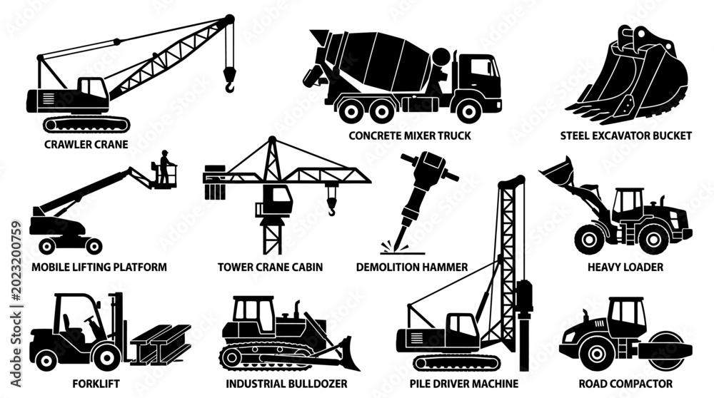 Obraz premium Silhouette vector icon set featuring industrial construction machinery crawler crane concrete mixer truck steel excavator bucket mobile lifting platform tower crane cabin demolition hammer fork
