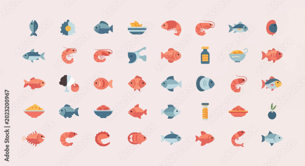 Obraz premium Colorful seafood icons on pink background