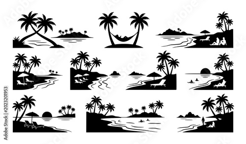 Foto Tropical island silhouette collection with palm trees hammocks and beach scenes
