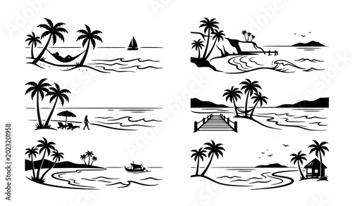 Foto Minimal tropical beach and island silhouette set for travel vacation vector desi
