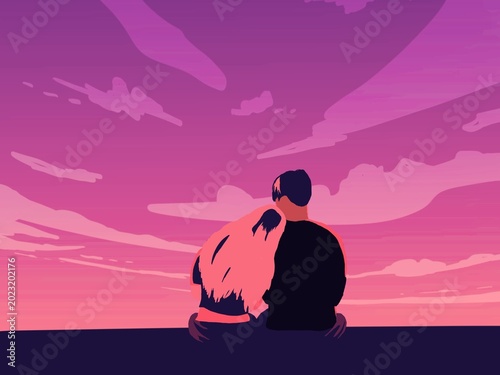 Tableau sur toile A Warm Silhouette Of A Couple Cuddling And Leaning Together Under A Sun-Kissed Evening Sky, Capturing The Calm And Romantic Essence Of Lofi Love And Twilight Tranquility