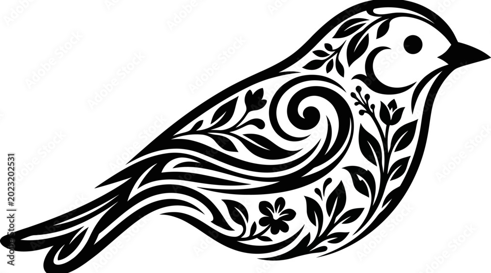 Fototapeta premium Decorative Bird Silhouette with Floral Swirls and Leaves