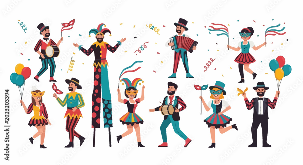 Naklejka premium Carnival Celebration Characters with Costumes and Masks