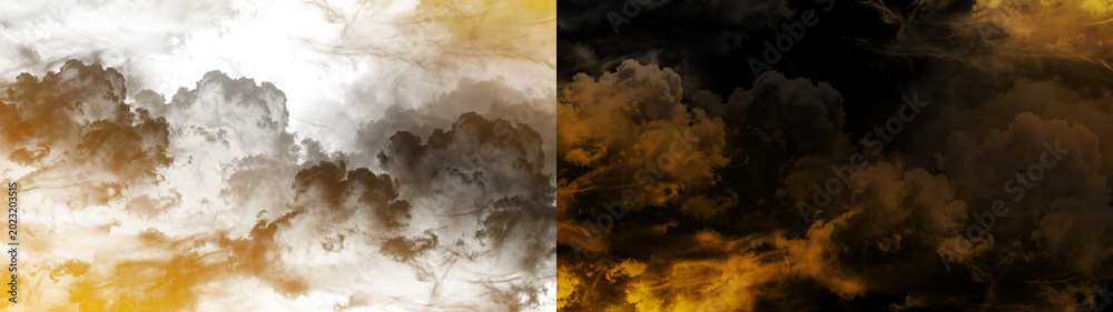 Fototapeta premium Transparent background featuring realistic golden clouds and thick amber smoke textures. This cinematic atmospheric element is perfect for dramatic sky overlays and creative digital art. 