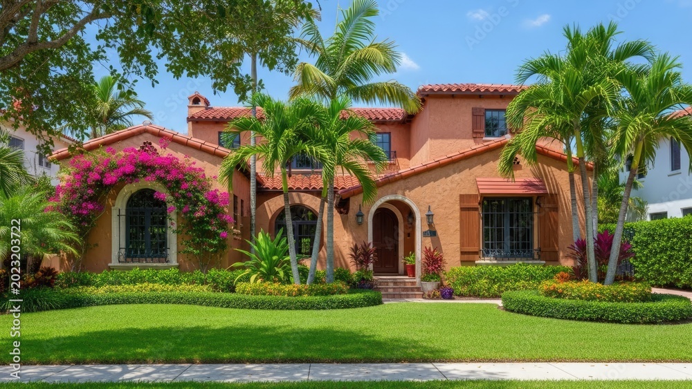 Fototapeta premium Mediterranean style luxury villa with red bougainvillea and palm trees