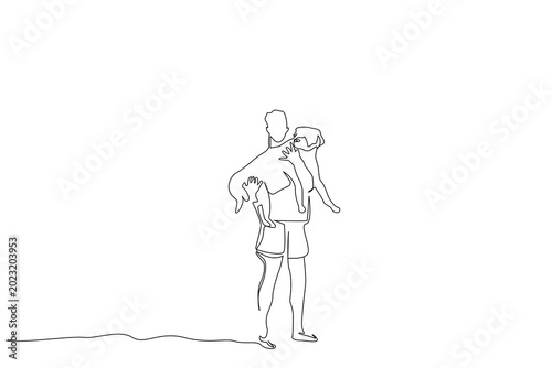 man dog owner friends together hugging happy at outside lifestyle one line art design
