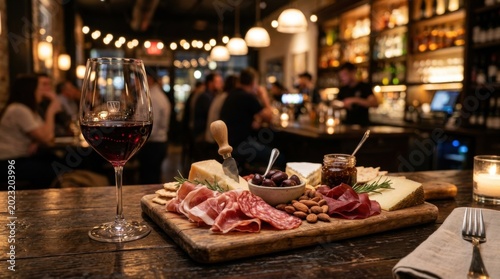 Wine and Charcuterie Board in Cozy Restaurant