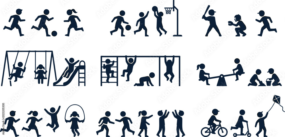 Εκτύπωση καμβά Set of Children Playing Silhouette Vector Illustrations Featuring Running, Jumpi