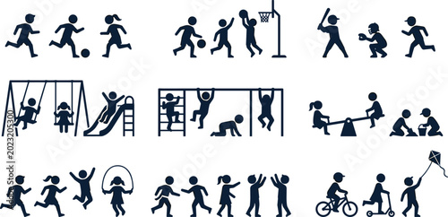 Obraz na plátně Set of Children Playing Silhouette Vector Illustrations Featuring Running, Jumpi
