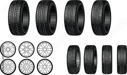 Obraz na płótnie Car tires and alloy wheel rims vector set with realistic rubber tread patterns f