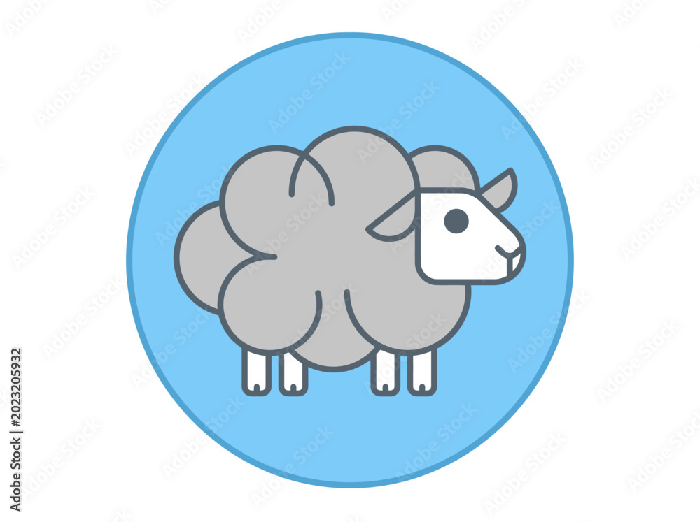 Obraz premium Minimalist grey sheep vector icon illustration in blue circle frame. Flat cartoon lamb character for farming, sleep, or animal logo design isolated on white background.