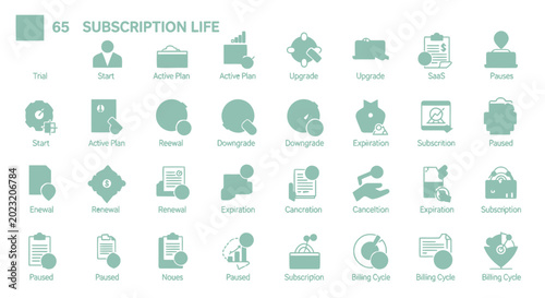 Fotografía Set of sixty five subscription business and lifecycle management icons for digital services