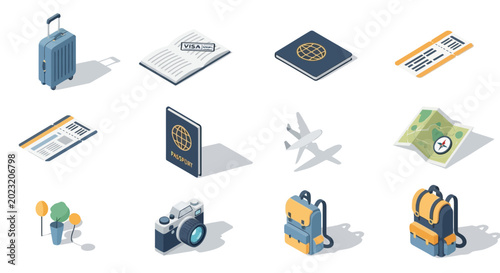 Isometric travel icons set including suitcase passport tickets airplane and camera on white background.