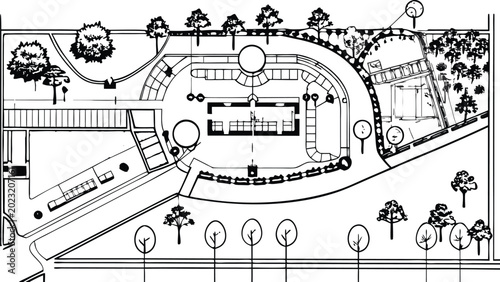 Foto Detailed cad layout plan of a public park with pathways, trees, and recreational