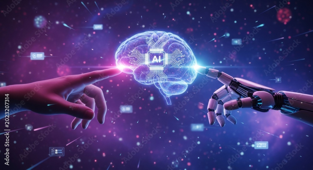 Naklejka premium AI Artificial Intelligence Microchip Cyber Brain Human Robot Hand Touch Nebula Space Background