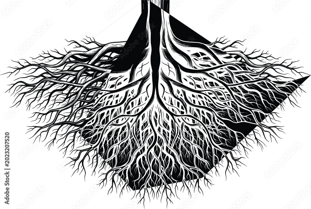 Ταπετσαρία Detailed Tree Roots Silhouette Vector Art with Intricate Tangles and Cross Secti