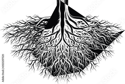 фотографія Detailed Tree Roots Silhouette Vector Art with Intricate Tangles and Cross Secti
