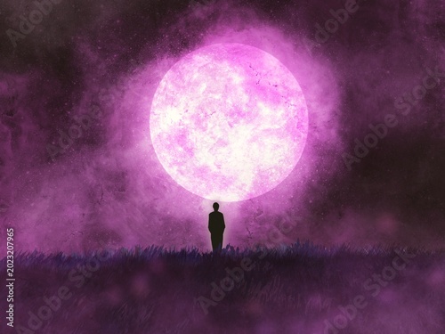 A person's journey amidst darkness and moonlight; digitally drawn silhouettes convey a sense of peace and solitude.