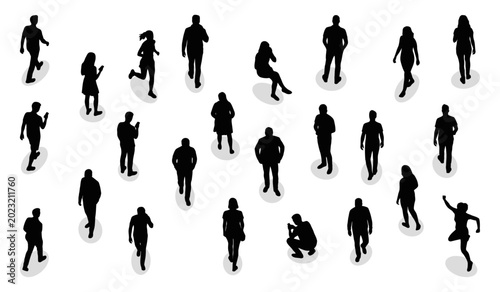 People silhouette isometric crowd walking and standing | Top view diverse citizens group with shadows | Vector illustration set