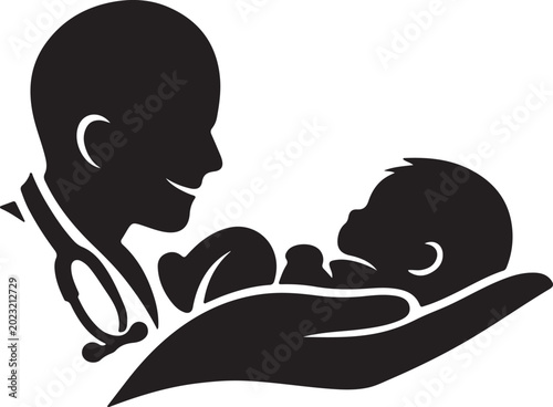 Foto Pediatrician Doctor Holding Newborn Baby in Caring Hands Silhouette