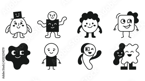 Tableau sur toile Abstract Characters Collection: Fun Doodle Figures, Diverse Shapes & Emotions