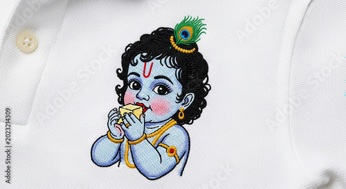 Embroidered illustration of little krishna eating butter on polo shirt.
