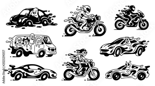 Obraz na płótnie Abstract Cartoon Vehicles and Riders, Dynamic Motion, Black and White