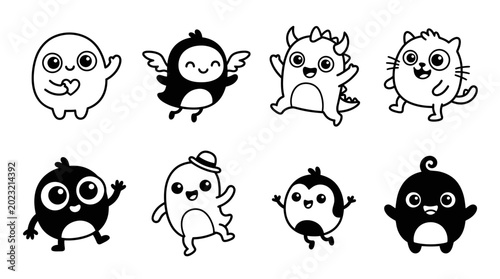 Foto Cute Cartoon Monsters, Characters, Kawaii Creatures, Doodle Style