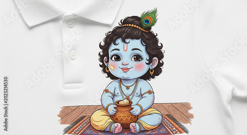Little krishna illustration on white polo shirt for kid fashion wear.