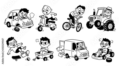 Fotografie Cartoon Kids Driving Various Vehicles with Mishaps