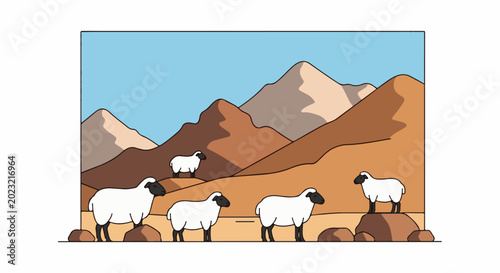 Flock of sheep grazing on a rocky hillside with mountains in the background