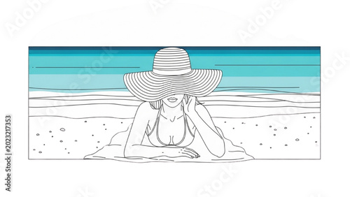 Photography Relaxed woman in 2D CAD illustration lies on beach