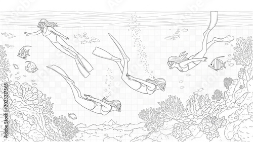 Bild auf Leinwand Scuba divers explore ocean floor with 2D CAD designed coral reef and sea creatures underwater
