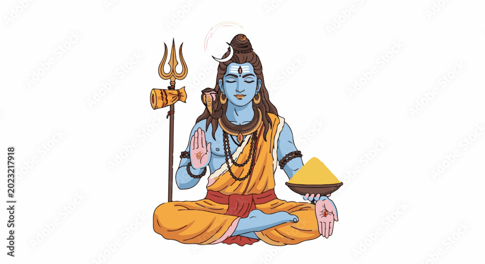 Obraz premium Meditative blue deity in orange robes holds yellow powder and trident