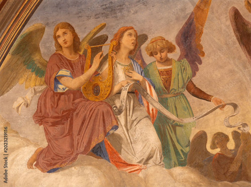 Fototapeta premium Busto Arsizio - The fresco of angels with the music instruments in the church Santuario di Santa Maria di Piazza by unknow artist from end of 19. cent.