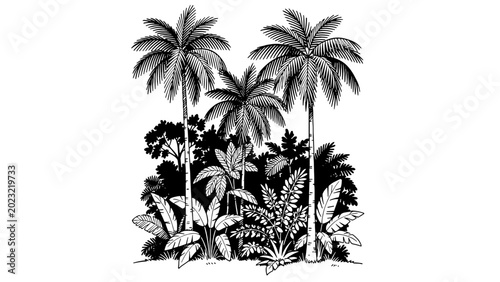 Tropical palm trees and leaves illustrated in monochrome design  
