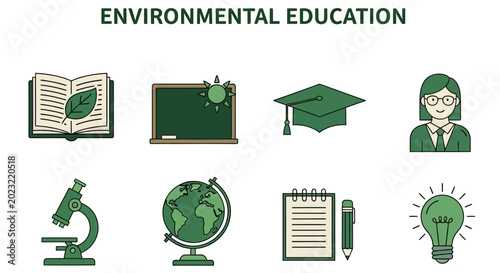 Cuadro en lienzo Eight greentoned flat vector icons illustrating educational tools under the text