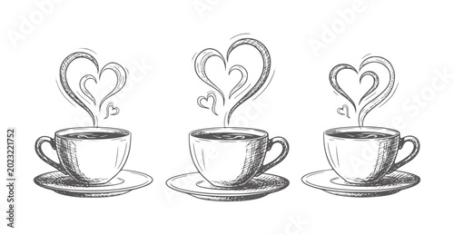 Obraz na płótnie Three sketched coffee cups with steam forming hearts white saucer