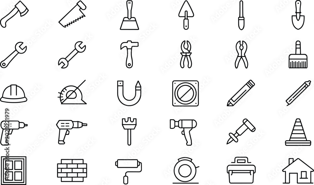 Fototapeta premium Construction tools and home improvement vector icon set featuring hammer wrench saw drill helmet paintbrush toolbox minimalist black line outline style illustrations