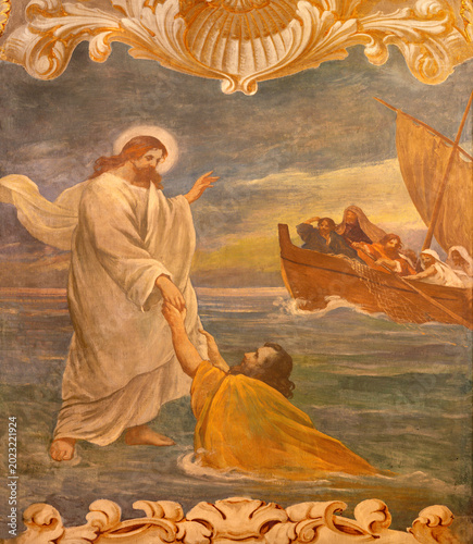 VERCELLI, ITALY - JANUARY 17, 2026: The fresco of scene Peter walking on water toward Jesus in the church Chiesa di san Salvatore by G. Porta from 20. cent. 