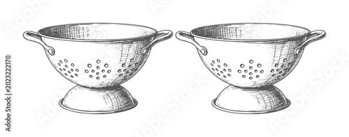 Fotografía Two vintage colanders with handles and perforated bowls strainer kitchenware ret