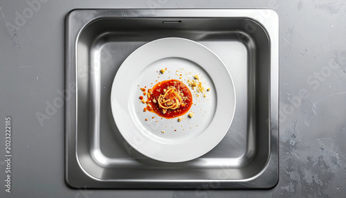 Dirty white plate with pasta leftovers in stainless steel kitchen sink. 