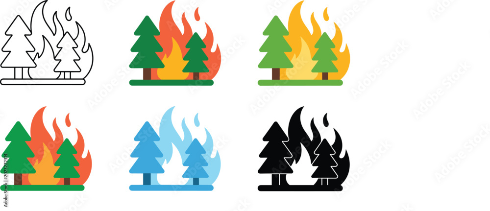 Fotografie Forest fire icon set featuring burning pine trees wildfire disaster environmenta